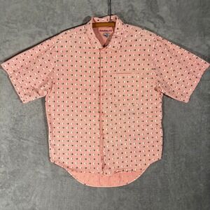 Vintage Sausalito Button Up Shirt Men L Salmon Pink Geometric Diamond Print MCM